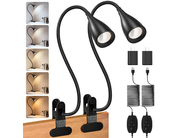 2 PCS Reading Light for Book in Bed,Clip on Light Reading Lamp with Adapter 5 Color Modes 10 Brightness, Eye-Caring Clip on Desk Lamp Book Light...