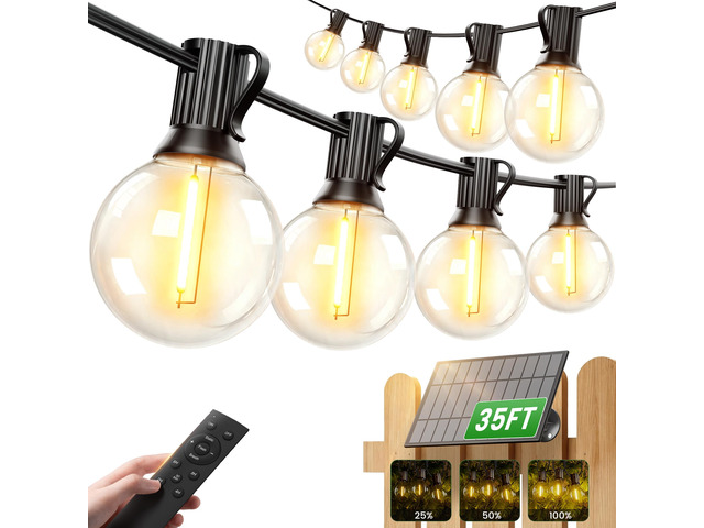 35FT Solar String Lights Outdoor, Waterproof Solar Patio Lights with Remote, 17 Shatterproof LED Filament G40 Globe Bulbs, 2200K Soft White,...