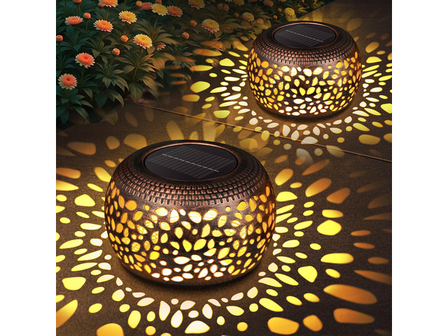 Solar Lanterns Outdoor Waterproof: 2 Pack Red Copper Metal Garden Lights IP65 Hollow Out Vintage Table Solar Lights, 2 Lighting Modes, 600mAh...