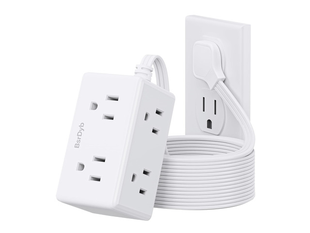 10Ft Flat Plug Small Power Strip,3-Side White Extension Cord with 6 Wide Outlets Extender,No Surge Protector,Cruise Ship Essentials,Multi Plug for...