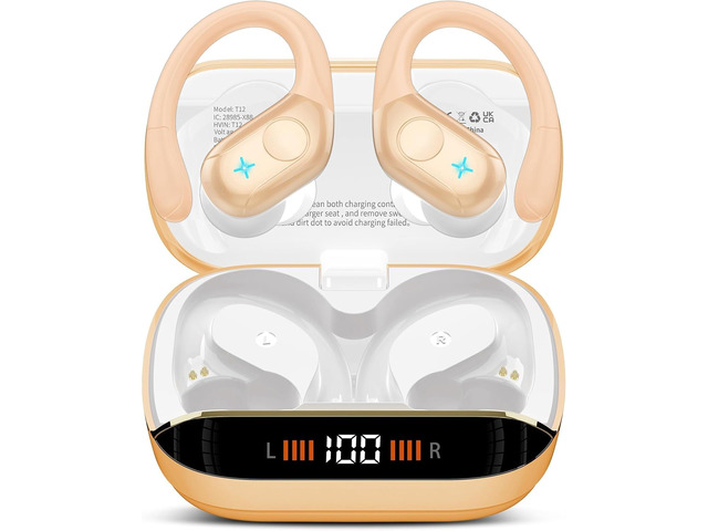 75H Sports Wireless Earbuds Bluetooth 5.4 Headphones Stereo, Light Brown Over Ear Buds with Earhooks, LED Display Bluetooth Earbuds with 4 ENC Mic,...