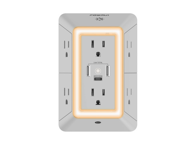 Multi Plug Wall Outlet Night Light, 6 Outlet Extender & 3 USB Ports 3-Sided Power Strip, Adapter Spaced Outlets, 1680J Surge Protector, Outlet...
