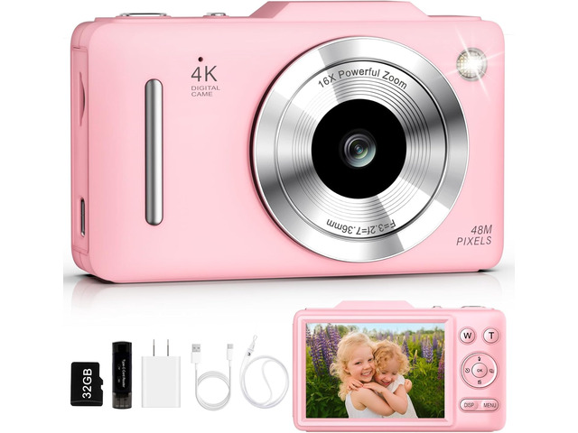 Digital Camera 4K for Kids-48MP Autofocus Vlogging Camera with 32GB Card, 16X Zoom, Anti-Shake, Compact Point and Shoot Camera for Teens Beginners,...