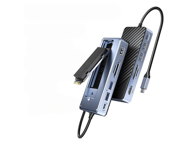 USB C HUB with SSD Enclosure Laptop Docking Station 4K60Hz Video Output 100W PD RJ45 SDTF 10Gbps M.2 NVME SATA SSD 8TB