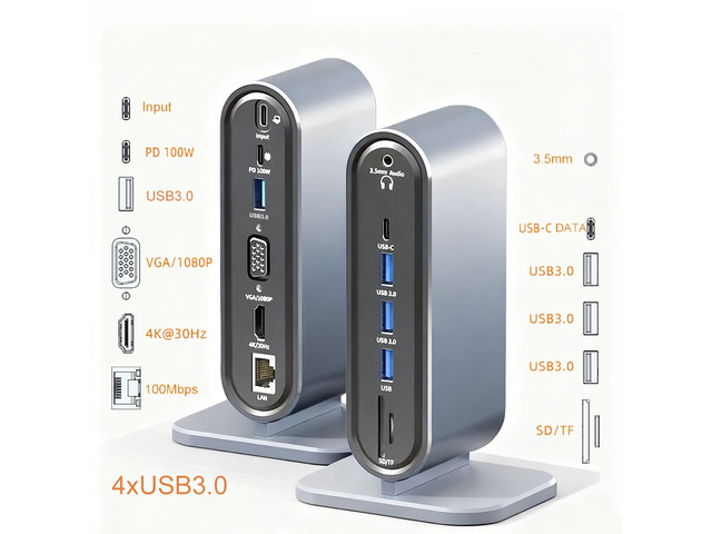 12-in-1 Vertical Docking Station USB C HUB TYPE C Splitter Video Output 4K30Hz/LAN 100M/USB3.0 5Gbps/VGA 1080P/PD100W for Laptop Type-C Laptop