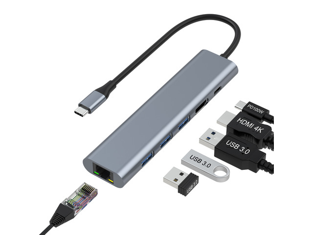 USB C Hub Video Output 4K, 6 in 1 Docking Station 3 USB 3.0 Ports, Type C Ethernet Adapter for Type-C Laptop/Laptop/Type-C Laptop,100W PD Charging