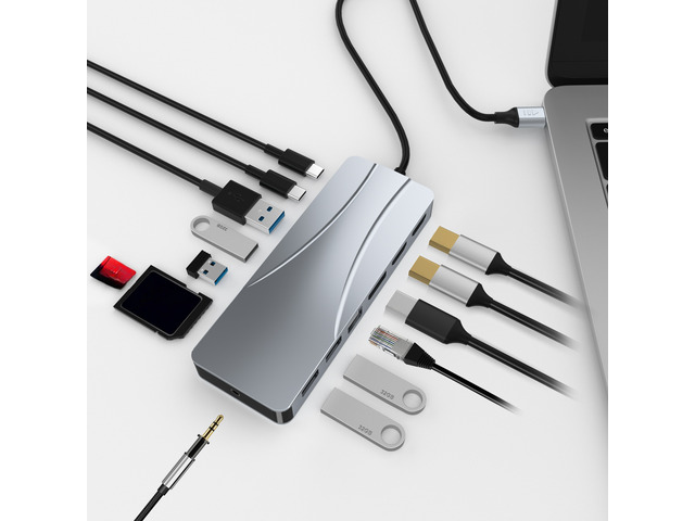 USB C Hub,14 in 1 Type C Adapter Docking Station with 2 Video Output and DP,60W Power Delivery,1 Gbps Ethernet,TF Card Slot,3.5mm Audio