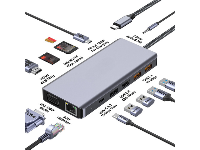 13 IN 1 USB C Hub Docking Station USB 3.2 10Gbps TF/SD Card Headphone Port VGA RJ45 Video Output Adapter for Laptop Type-C Laptop