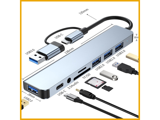 2026 8 In 2 USB HUB With Splitter Card Reader USB C Port USB 3.0 / 2.0 SD/TF Splitter Card Reader Docking Station