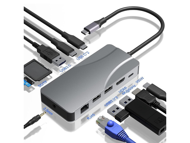 USB C Hub 11 in 1 to Video Output Adapter 4K 60Hz, Portable Docking Stations with PD 100W Recharge, SD/TF Card Reader, 1Gbps Ethernet