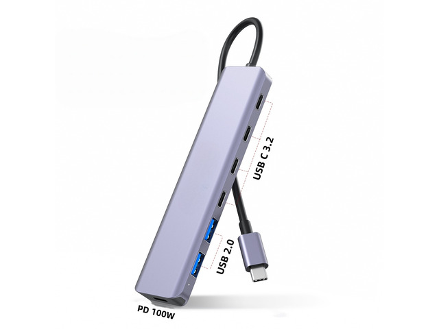 7in1 USB C Hub 10Gbps Adapter 100W PD Charging 4PCS Type C 3.2 Gen with 2PCS USB A 2.0 Docking Station for Laptop Tablet