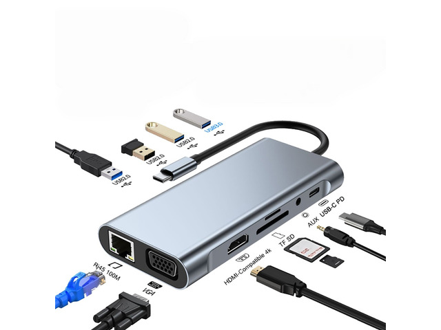 11-in-1 Type-C Docking Station USB 3.0 HUB USB C Splitter Type C to 4K Video Output VGA PD RJ45 100M Network Adapter for Laptop Type-C Laptop
