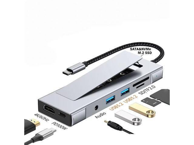 8-in-1 M.2 SSD Docking Station with Disk Storage 10Gbps USB 3.2 HUB USB C To SATA+NVME Video Output Adapter For Laptop Type-C Laptop