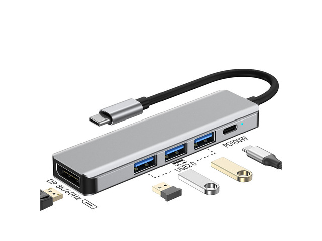 USB-C to DP 8K@60Hz / 4K@120Hz Adapter 100W PD Fast Charging 3-Port USB 2.0 Hub 5-in-1 Portable Type-C Dock for Laptop