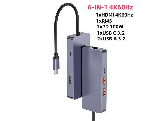 6 IN 1 USB C HUB Type C to Video Output 4K60Hz USB A and USB C 3.2 Port 10Gbps RJ45 PD 100W Adapter for Type-C Laptop
