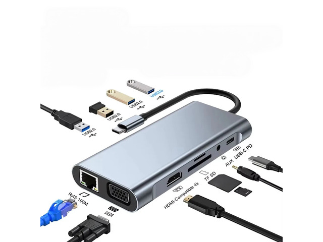 Video Output VGA Dual Video Output USB C HUB 11 in 1 Splitter with RJ45 USB3.0 PD 100W Docking Station for Laptop Type-C Laptop