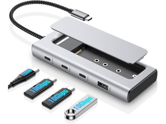 M.2 NVMe/SATA SSD Enclosure 5-in-1 Aluminum 10Gbps USB C Hub with 3 USB 3.2 Data Ports 100W Power Delivery and M2 SSD Docking Station External...