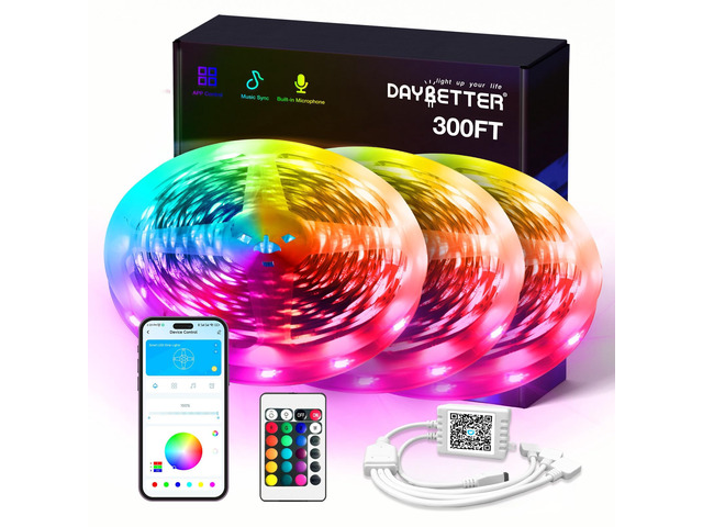 LED Strip Lights 300ft RGB Music Sync Smart App Control Indoor color changing decor bedroom kitchen party 24-key IR remote timer cuttable flexible...