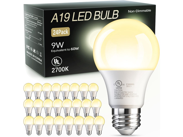 24 Pack A19 LED Light Bulb, Soft Warm White 2700K, 60 Watt Eq E26 Base Efficient 9W, Standard Light Bulb for Lamps, Energy Saving Lightbulb, Non...