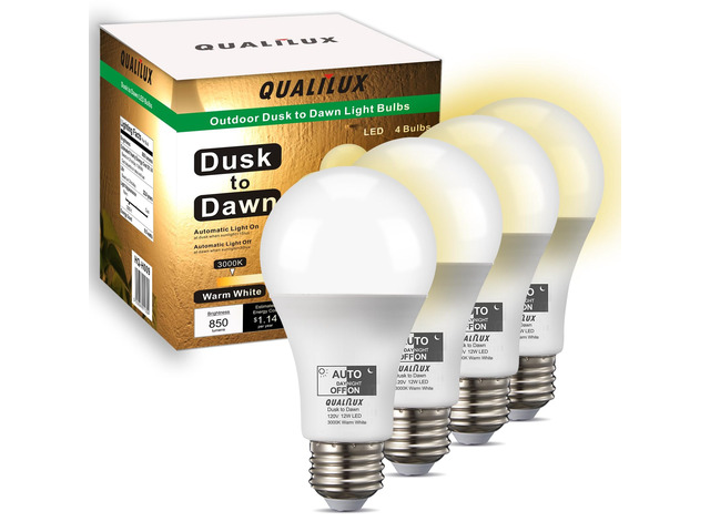 Dusk to Dawn A19 LED Light Bulbs Outdoor, Automatic On/Off, 60W Equivalent, Warm White 3000K, Energy Efficient 9.5W, 850 Lumen, E26 Base, 4-Pack,...