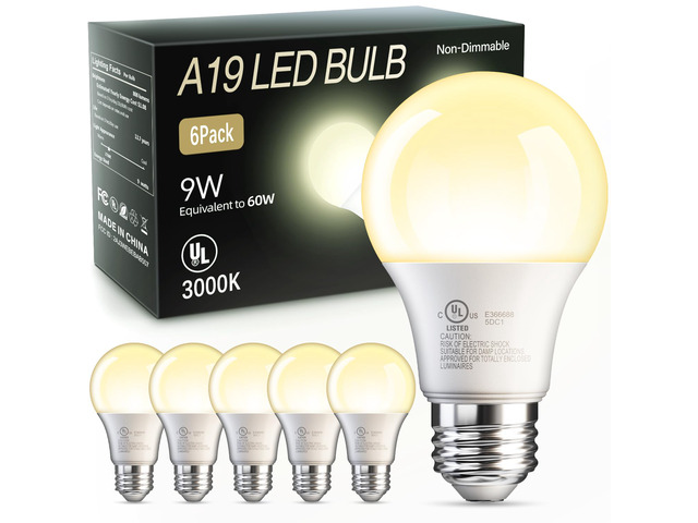 6 Pack A19 LED Light Bulbs, Warm White 3000K, 60 Watt Eq, E26 Base Efficient 9W, Standard Light Bulb for Lamps, Energy Saving Lightbulb, Non...