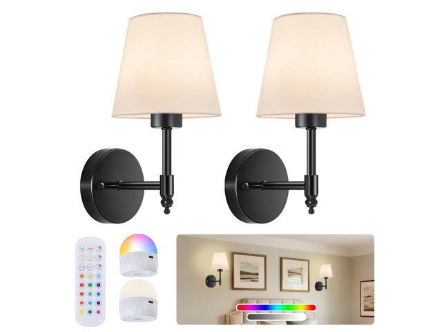 Battery Operated Wall Sconce Set of 2, Rechargeable Wireless Wall Lights with 5200mAh Dimmable Bulb with Remote,15 Colors Options Wireless Wall...