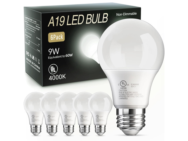 6 Pack A19 LED Light Bulbs, Cool White 4000K, 60 Watt Eq, E26 Base Efficient 9W, Standard Neutral White Lightbulb, Energy Saving, Non Dimmable,...