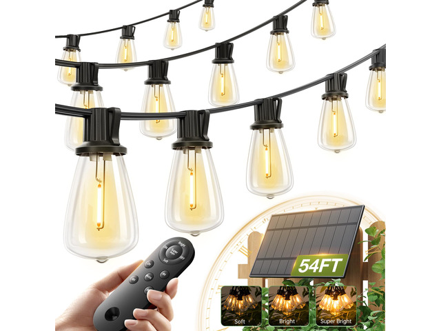 54FT(48+6) Solar String Lights Outdoor, Waterproof Dimmable 24+2 LED Patio Lights with Remote & USB Charging, Timer, 3 Light Modes, Shatterproof,...