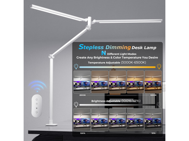 LED Desk Lamp, Double Swing Arm Wide Lighting Area Desk Lamps for Home Office with Stepless Dimming, Eye-Caring Architect Desk Light with Clamp for...