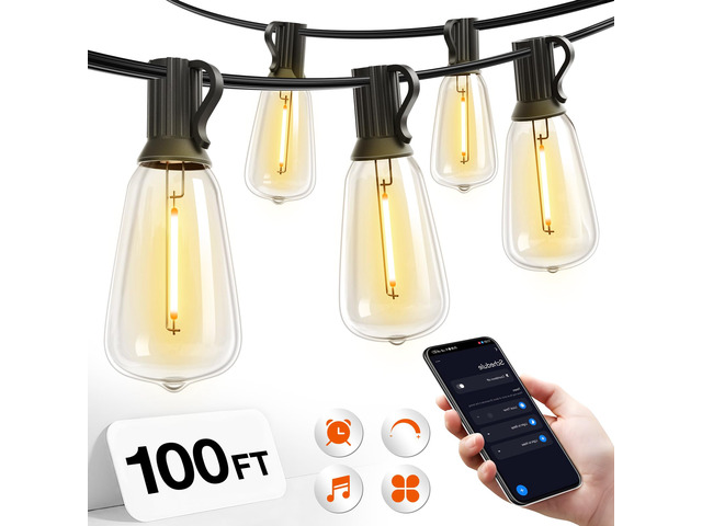 100FT Outdoor String Lights ST38 LED with APP Control Waterproof Dimmable Shatterproof Replaceable Bulbs, Connectable Hanging Strand for Porch...