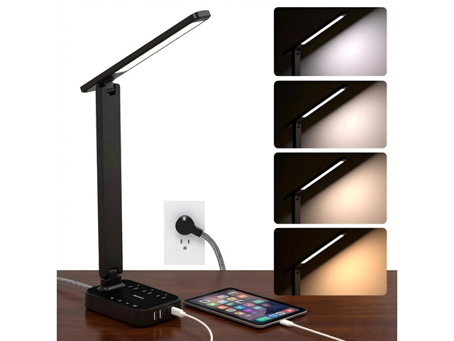 LED Desk Lamp, Power Strip with 3 Outlets 4 USB Charging Ports(2 USBC), 4 Modes 5 Level Brightness Touch Lamp, Small Desk Lamp for Home Office...
