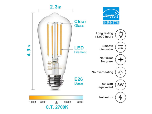 LED Edison Light Bulbs, E26 Dimmable Vintage Bulb, 8W = 60W Equivalent Warm White 2700K, 800LM, E26 Base, ST19/58, 80+ CRI, Clear Glass, Antique...