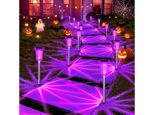 Solar Halloween Lights Outdoor 15 Pack Purple LED Halloween Decor Yard Garden Pathway Walkway Driveway Landscape Spike Style Starburst Light...