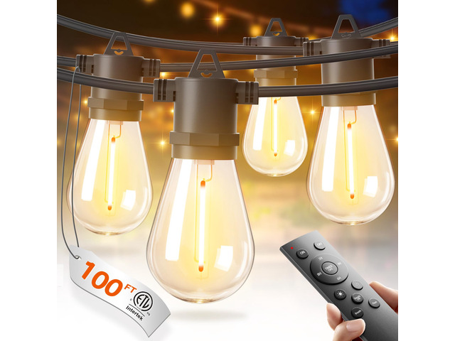 100FT LED Outdoor String Lights, Waterproof Dimmable Bulbs for Patio UL Listed, Remote Control. Shatterproof Edison Bulbs, Timer, Linkable, 2700K...
