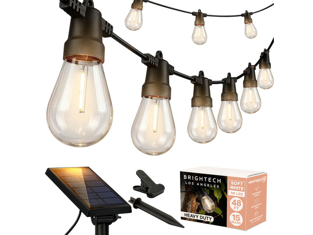 Ambience Pro Solar Powered Outdoor String Lights, 48 ft Commercial Grade Waterproof Patio Lights, 15 Edison Bulbs, Shatterproof LED String Lights...