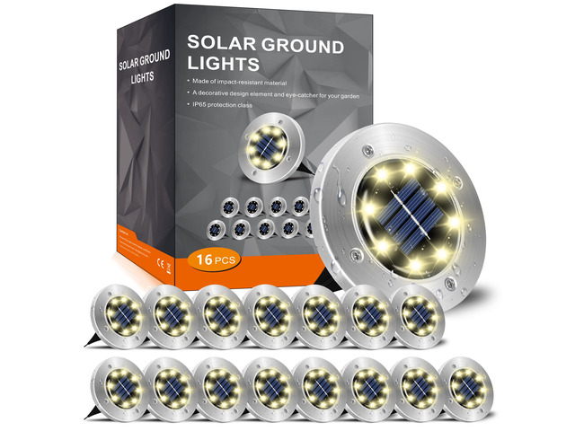 Solar Lights Outdoor Waterproof, Warm White, 16 Pack Ground Lights Solar Powered Lights Outdoor Solar Disk Light Landscape Light for Deck Step...