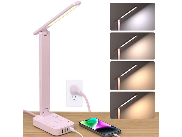 LED Desk Lamp, Power Strip with 3 Outlets 4 USB Charging Ports(2 USBC), 4 Modes 5 Level Brightness Touch Lamp, Small Desk Lamp for Home Office...