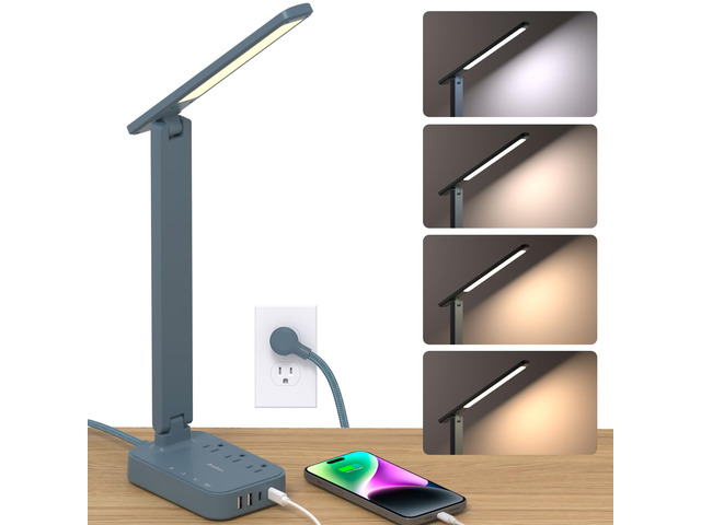 LED Desk Lamp, Power Strip with 3 Outlets 4 USB Charging Ports(2 USBC), 4 Modes 5 Level Brightness Touch Lamp, Small Desk Lamp for Home Office...