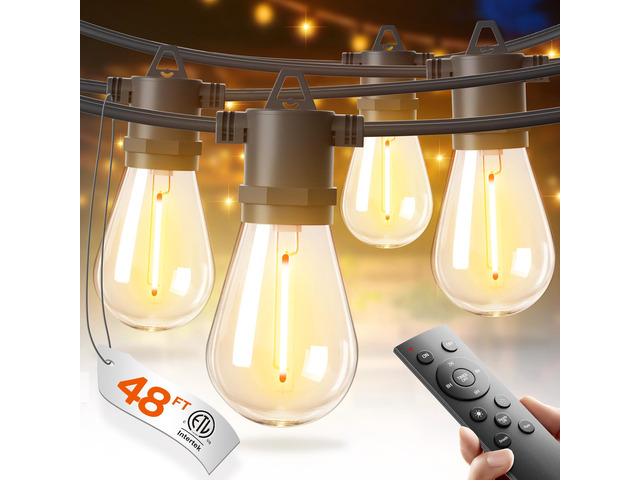 48FT Outdoor String Lights with 24 Dimmable Edison Bulbs for Patio UL Listed, Remote Control. Waterproof Shatterproof Bulbs, Timer, Linkable, 2700K...