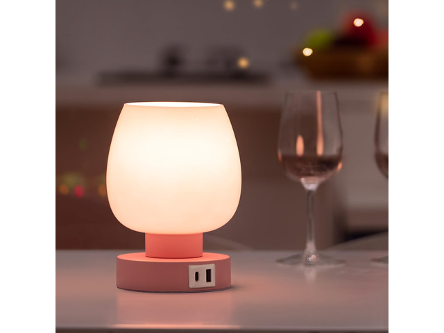 Touch Bedside Table Lamp - Pink Small Lamp for Bedroom with USB C+A Charging Ports 3 Way Dimmable, Nightstand Desk lamp with Glass Lamp Shade Warm...
