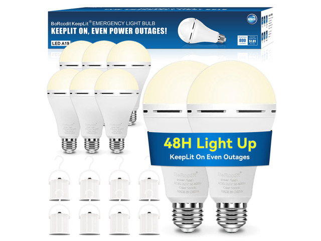 KeepLit 8PK Emergency Rechargeable Light Bulbs, 48H Battery Backup, 3 Brightness Levels, 12W 65W Equivalent A19 LED Bulb Auto-On During Power...