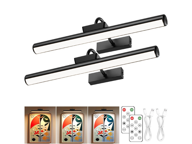 16' Wireless Picture Lights for Wall, Rechargeable Art Light, 2Pack Black Aluminum Photo Frame Light, Remote & Touch Control, 5000mAh Battery, 3...