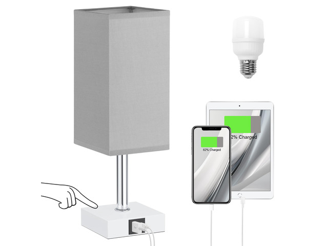 Touch Table Lamp for Bedroom - Dimmable, USB C+A, Grey Lamphade White Base 3-Way Dimmable, 3000K LED Bulb Included, Square Lampshade, Cute Room...
