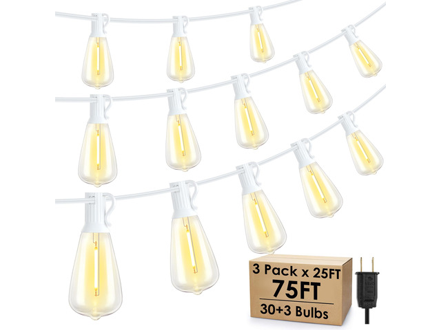 75FT(3x25FT) Outdoor String Lights, Patio Lights with 30+3 LED Dimmable Waterproof Connectable ST38 Bulbs for Gazebo Backyard Christmas, White