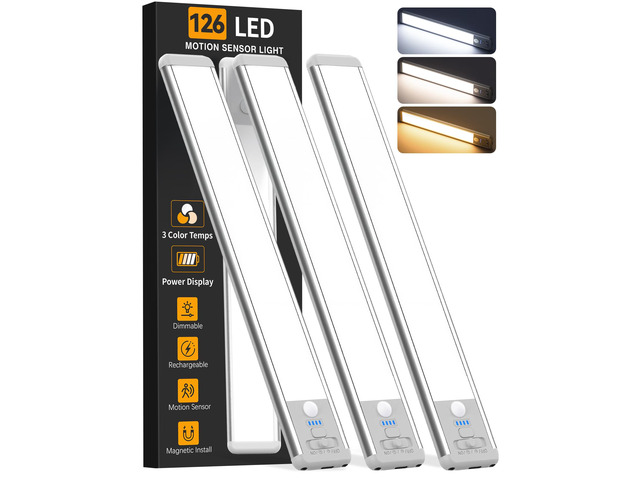 Under Cabinet Lighting Wireless, 15inch Motion Sensor Light Indoor, 3Pack Rechargeable, 3 Color Temps, Dimmable, Power Display, LED Closet Light...