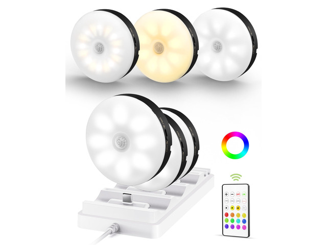 RGB Puck Lights with Charging Station, Motion Sensor Cabinet Lights Matte Black, 6-Pack with Remote, Rechargeable, Wireless, 3 Color Temps, 12 RGB...