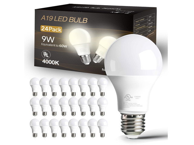 24 Pack LED Bulbs Natural White 4000K, 60 Watt Equivalent A19 Standard Bulbs, E26 Base, 800 LM, Efficient 9W Energy Saving, Non-Dimmable, 80+ CRI,...