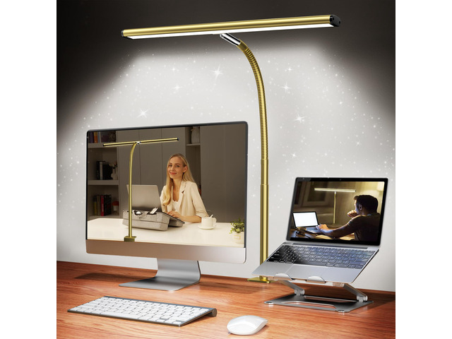 LED Desk Lamp with Clamp, 17' Stepless Dimming Light, Gold 2700K-6500K, 100 LEDs, 360° Gooseneck, Fits Up to 30' Monitors, Flicker-Free Lighting...