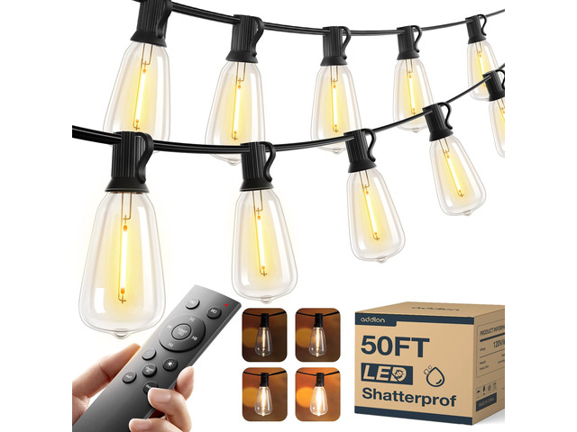 50FT Outdoor String Lights ST38 LED with Remote Waterproof Dimmable Shatterproof Replaceable Bulbs, Connectable Hanging Strand for Porch Backyard...