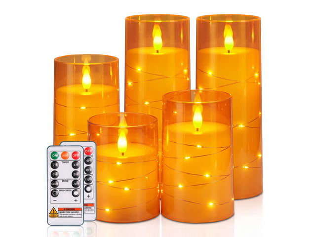Halloween Flameless Candles, Orange LED Pillar Candles, Fall Decor Acrylic Flickering Battery Operated Candles with Remote, Timer and Embedded Star...